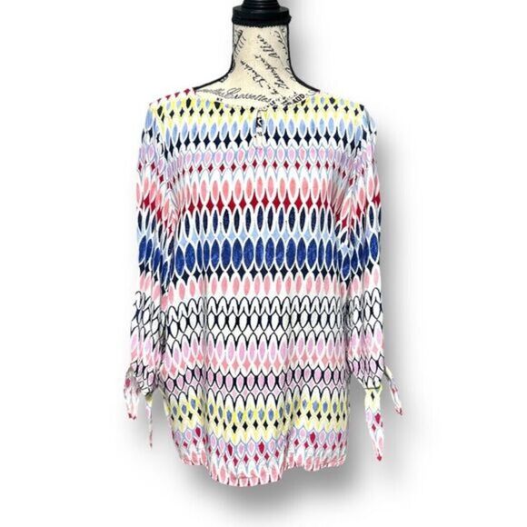 Talbots PL Blue White Pink Geometric Blouse Tie Sleeve Retro Mod Summer Top - Picture 1 of 8